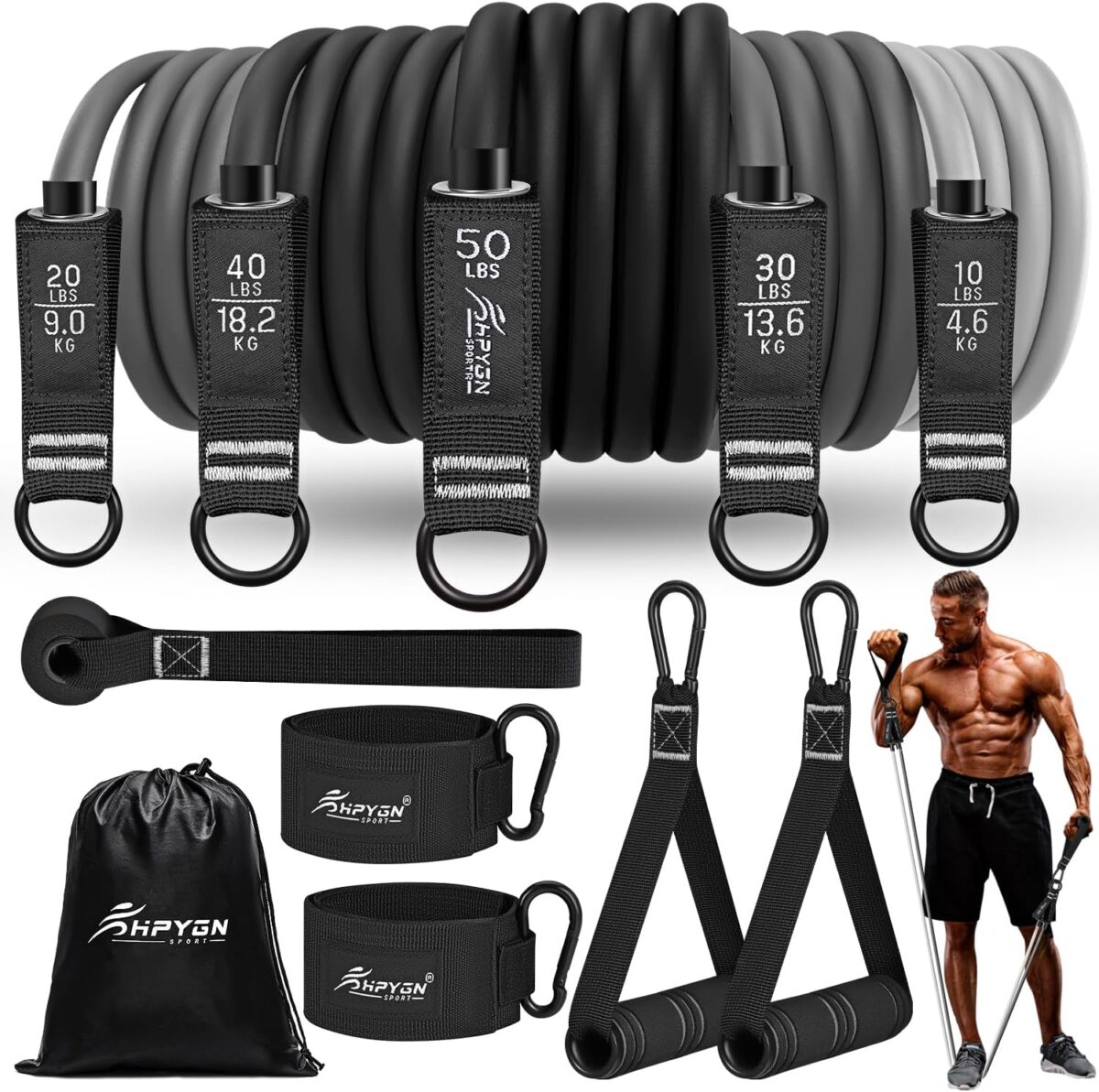HPYGN Conjunto de faixas de resistência, 68 kg, 90 kg, 113 kg, faixas de resistência a exercícios com alças, 5 faixas de health de tubo com âncora de porta, alças, bolsa portátil, tiras de tornozelo