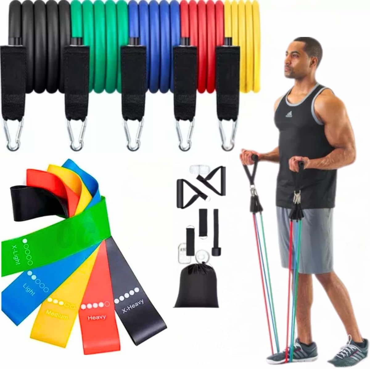 Equipment 5 Mini Band + 11 Peças Elásticos Extensor Treino em Casa Musculação Fisioterapia Funcional Health Exercícios