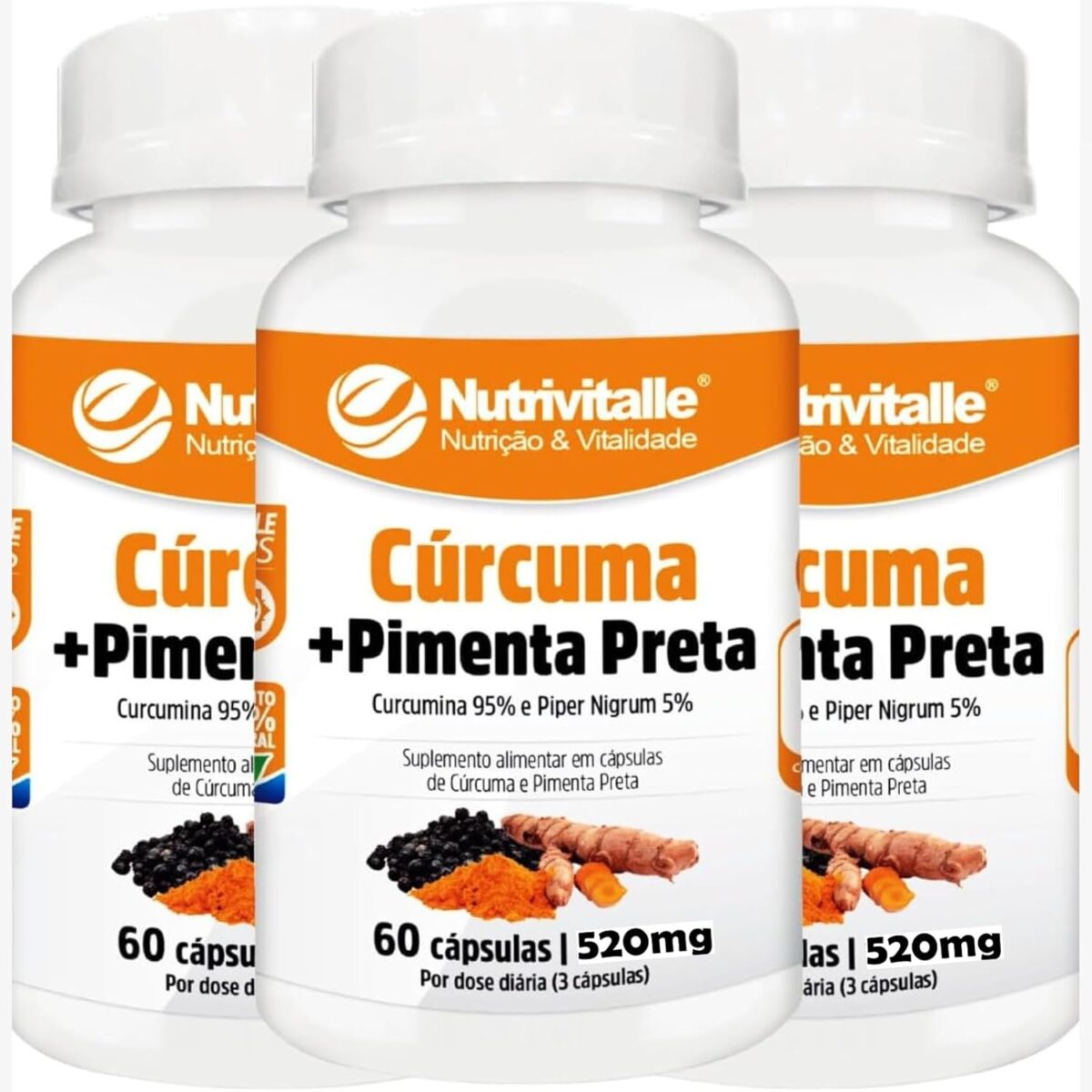3 Curcuma +Pimenta Preta Curcumina 95% +Pipper Nigrun 5% 520mg Nutrivitalle 60 Cápsulas