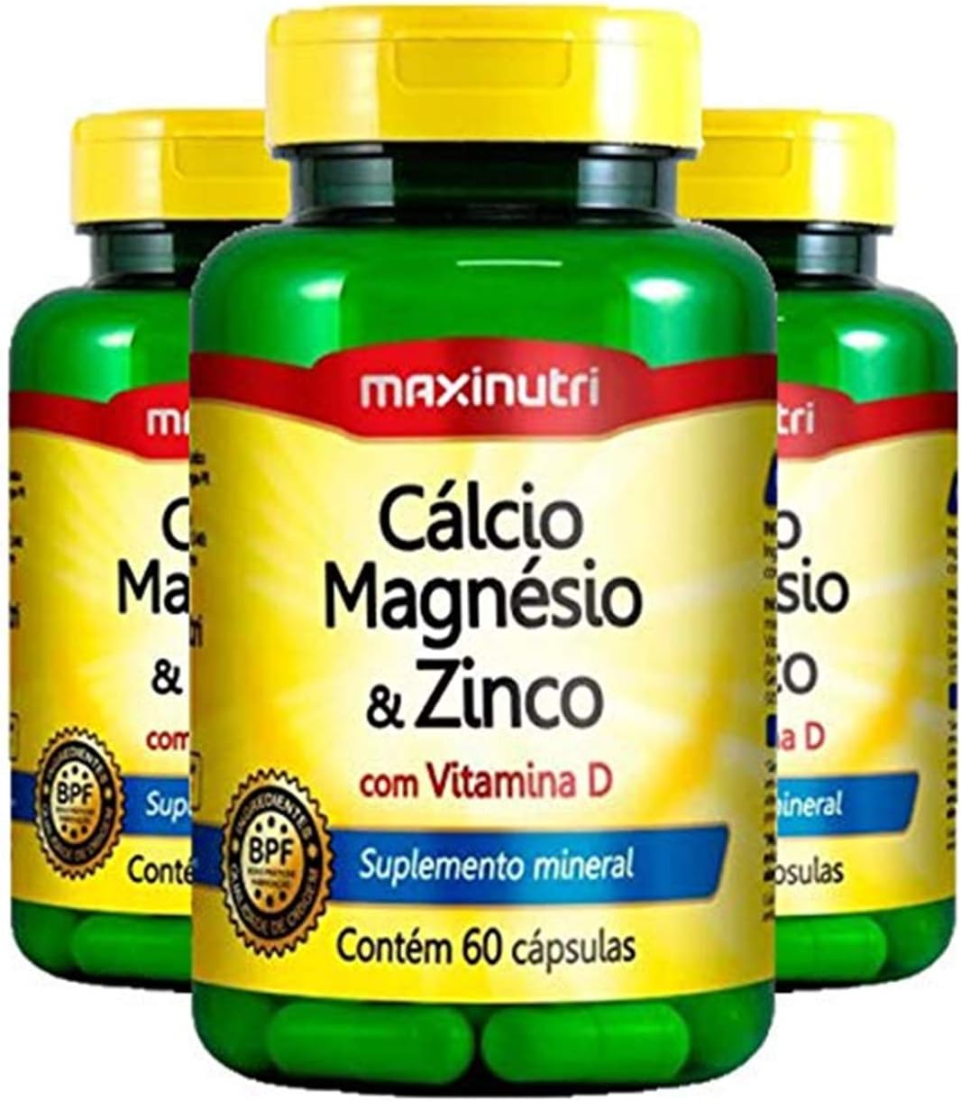 Cálcio, Magnésio e Zinco - 3 unidades de 60 Cápsulas - Maxinutri