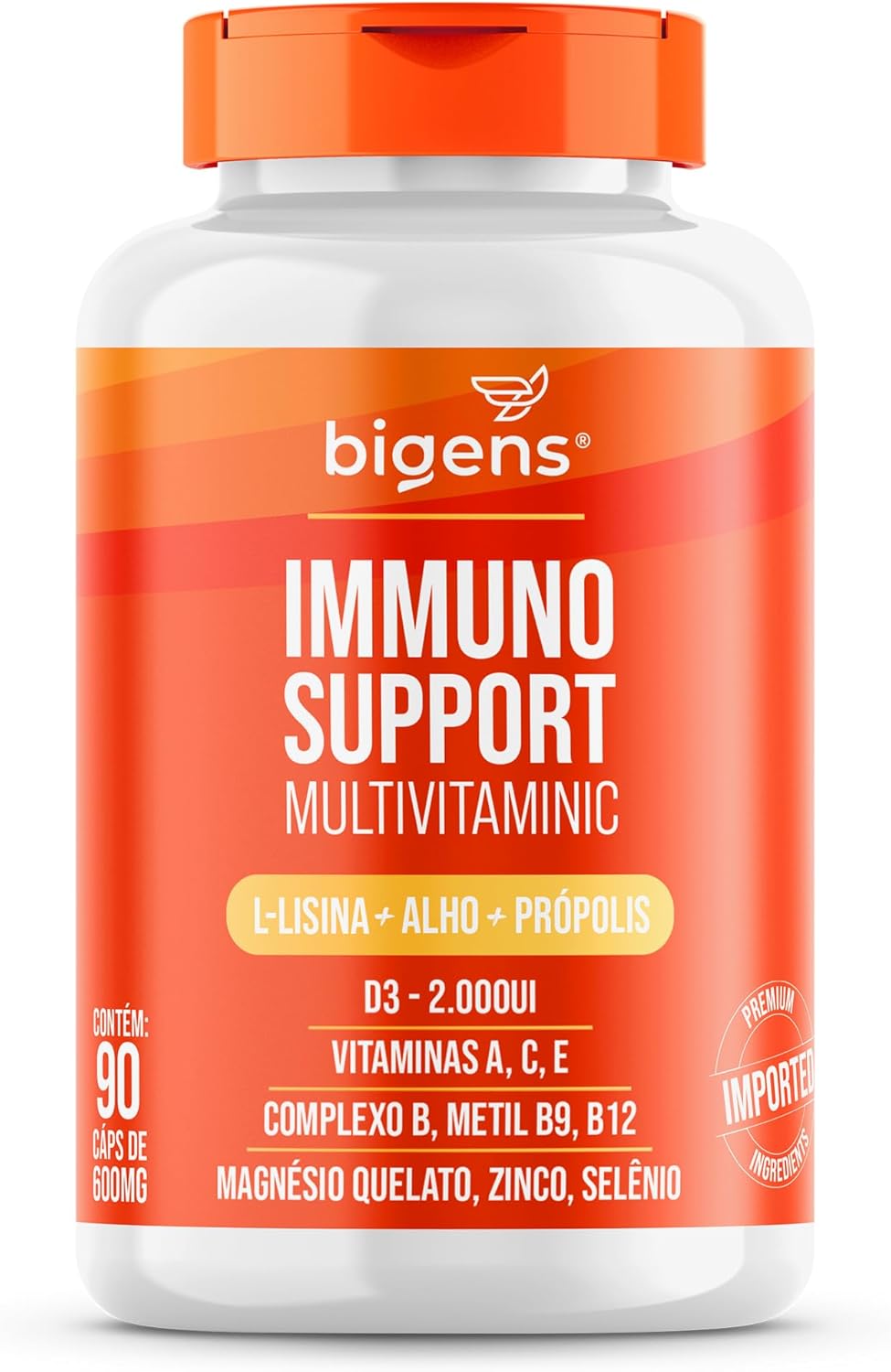 Immuno Help Multivitaminic com L-lisina, alho, própolis, Vitamina A, C, E, D3, Zinco, B9, B12, Magnésio & Selênio Bigens, 90 Cápsulas (Unidade)