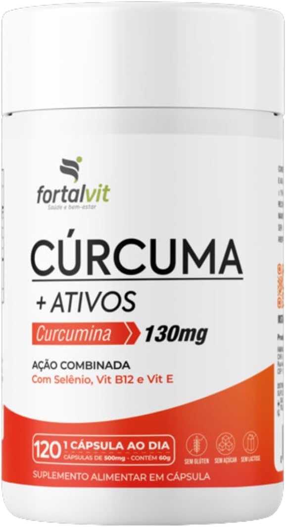 Cúrcuma +Ativos Longa Duração: 4 Meses de Uso, Curcumina, Vitamina E, Selênio e B12, 120 Cápsulas, Fortalvit