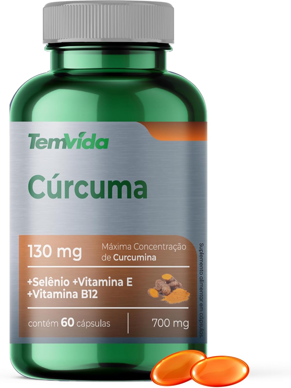 Cúrcuma + Selênio + Vitamina B12 e Vitamina E - 130 mg de Rizomas de Curcumina - 60 softcaps - Tem Vida