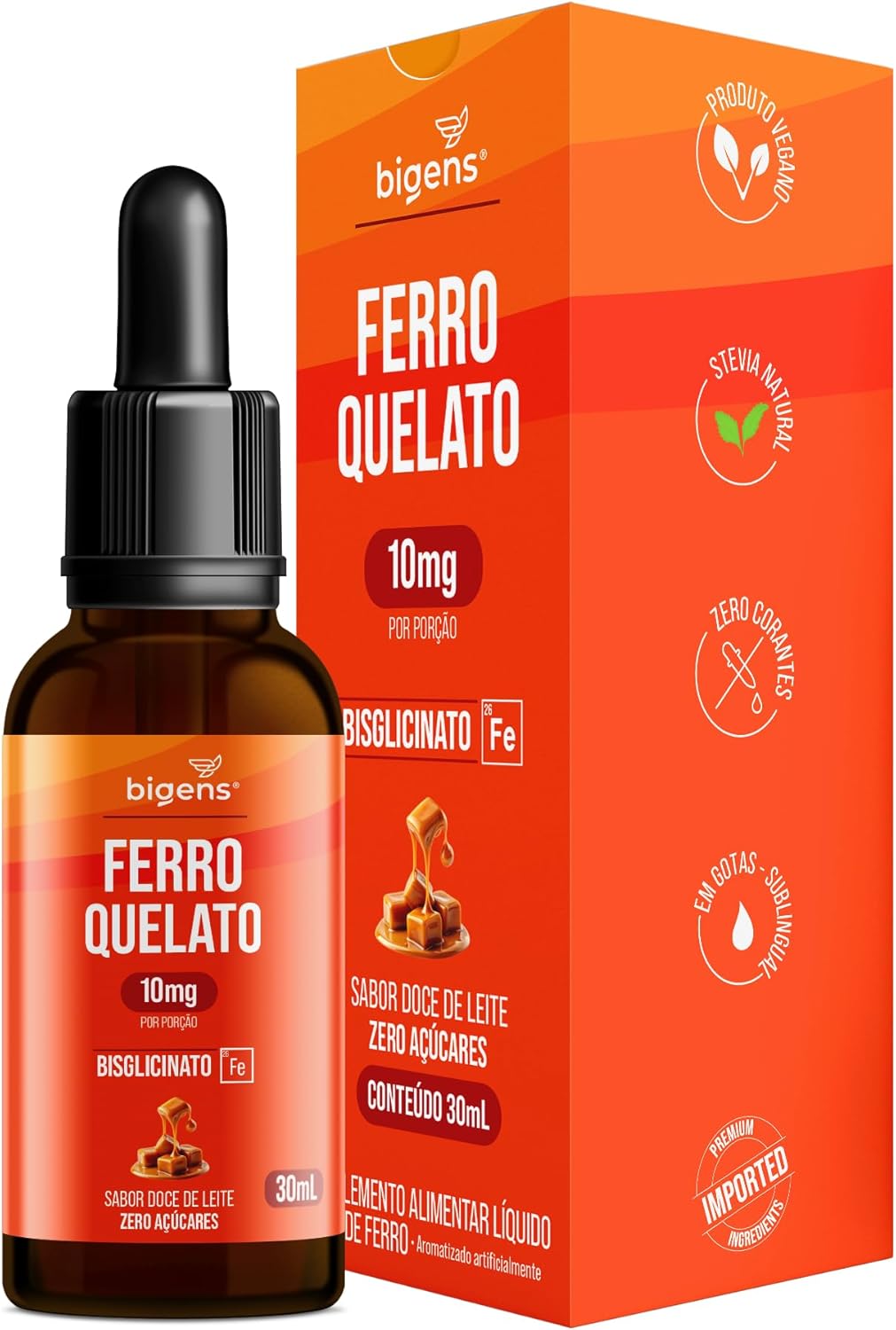Ferro Quelato Bisglicinato 10mg, Sabor Doce de Leite, 30ml, Bigens