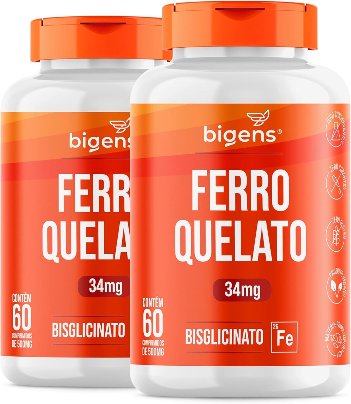 Ferro Quelato Bisglicinato 34mg, Biogens, Package 2x 60 comprimidos