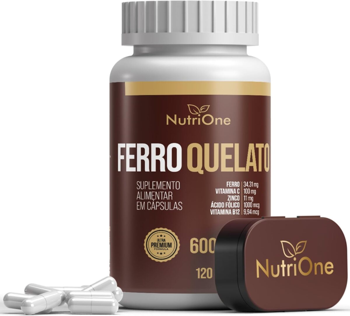 Fórmula Premium Ferro Quelato + Vitamina C, Zinco, Metilfolato e Vitamina B12 120 Cápsulas – Nutrione