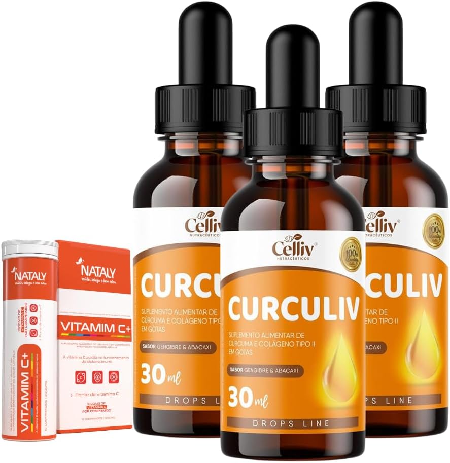 Kit Com 3 - Curcumina em Gotas Curculiv - Cúrcuma e Colágeno Tipo II 30ml + 1 Vitamim C+