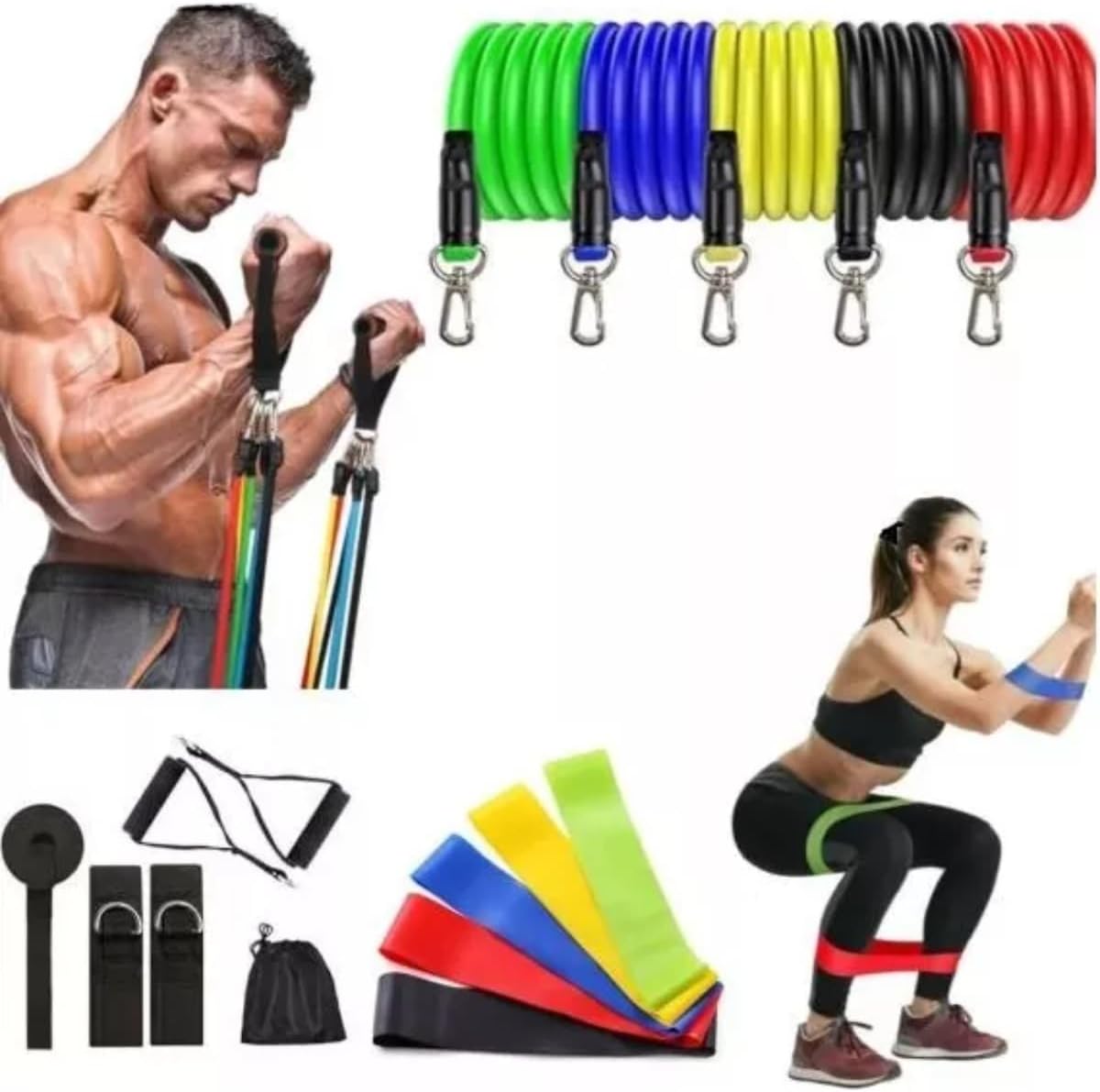 Kit Elástico Extensor 11 Peças + 5 Mini Band Treino Academia Exercícios Funcional Em Casa Pilates Fisioterapia Ginástica Musculação - TYDA