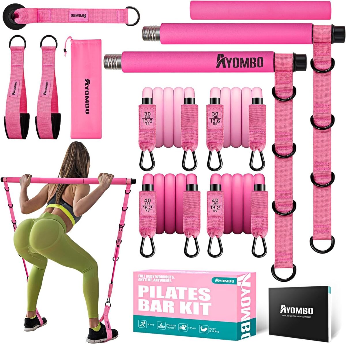 Equipment de barra de pilates com faixas de resistência, equipamento de treino de pilates para pernas, quadril, cintura, braço, equipamento de exercícios de agachamento para exercícios em casa, package de barra