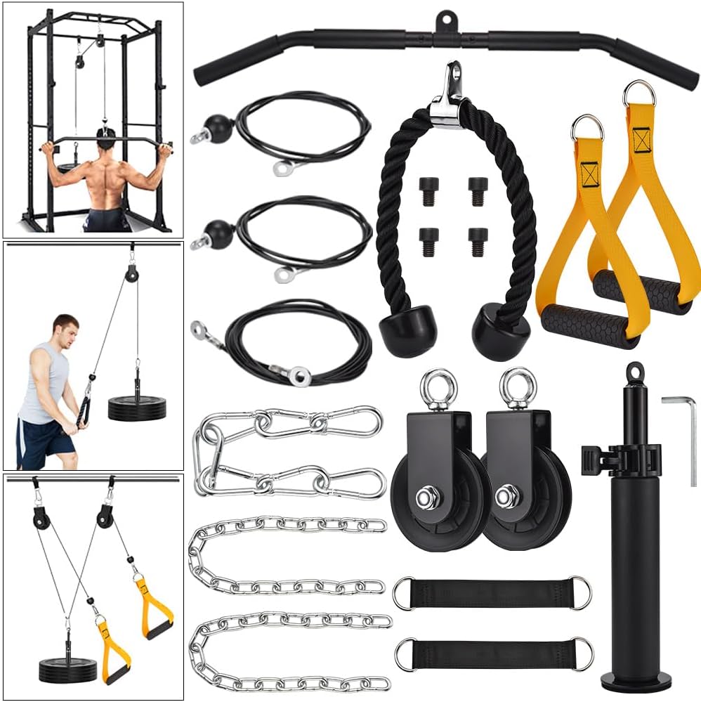 Orangelight sistema de polia de cabo para ginástica – acessórios de polia de peso para ginástica em casa com 3 alças removíveis, sistema de polia suspensa para agachamento, bíceps, antebraço