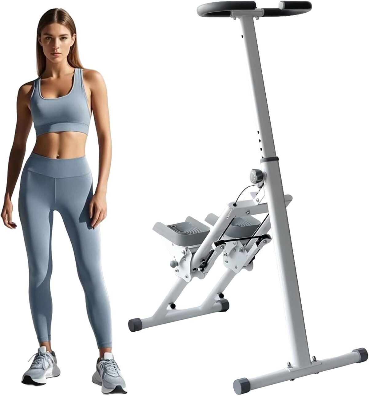 TOGIEEII Escada dobrável vertical para exercícios aeróbicos para exercícios em casa, máquina de treino de corpo inteiro com guidão, carga de 109 kg, guidão e pedais ajustáveis