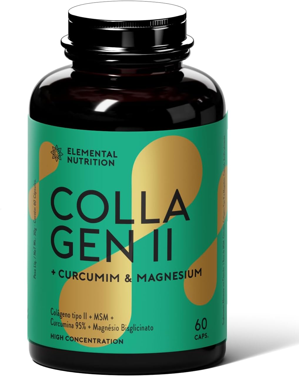 Colageno tipo 2, Cúrcuma, Magnésio Bisglicinato, MSM (Metilsulfonilmetano) 60 capsulas – ELEMENTAL Vitamin (Novo Rotulo)