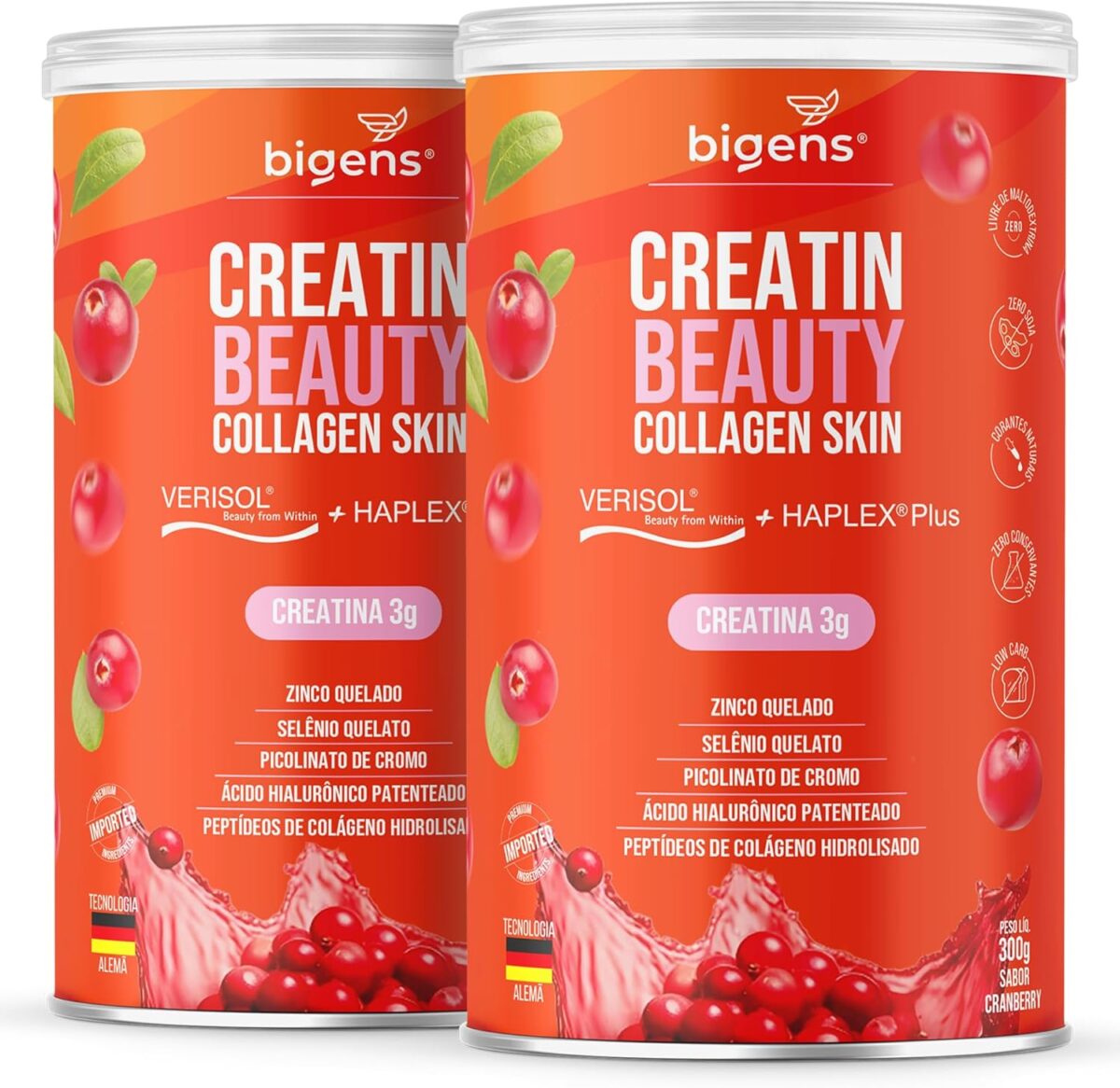 Creatin Magnificence Collagen Pores and skin, 3g de Creatina, Peptídeos de colágeno Verisol + Ácido Hialurônico Haplex Plus, 300g, Sabor Cranberry, Bigens (Package 2)