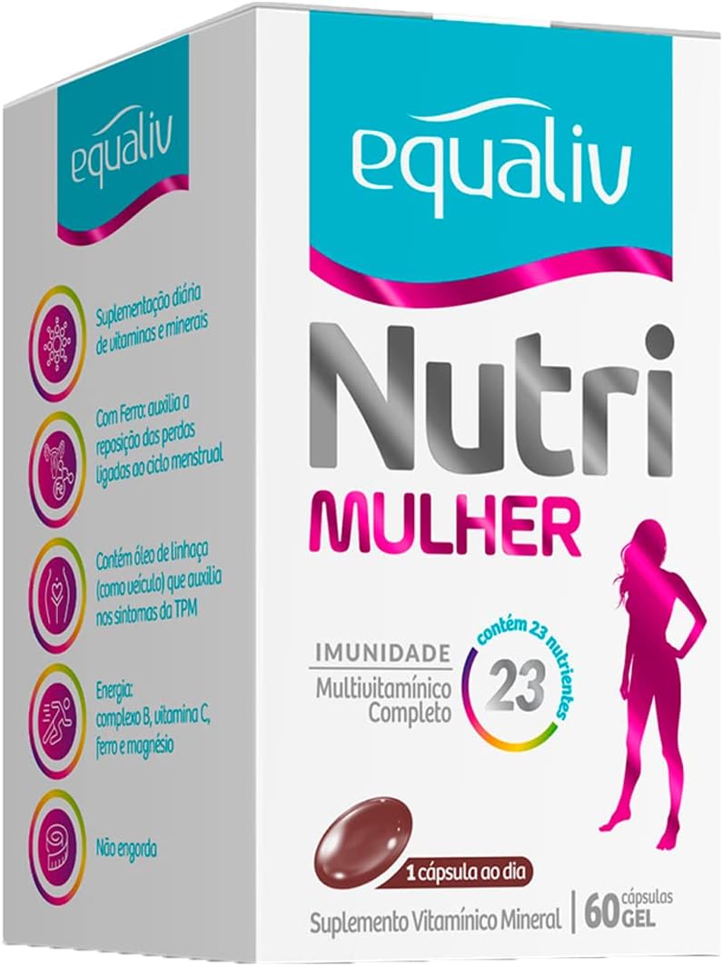EQUALIV Nutri Mulher – Suplemento Alimentar em Cápsulas – Energia e Bem-estar – Multivitamínico Completo – Complexo B, Vitamina C, Ferro e Magnésio, 60 Cápsulas Gel