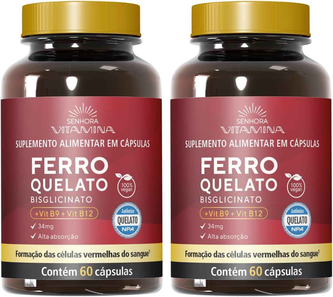 Ferro Quelato Bisglicinato com Vitaminas B9 e B12 – Vegano 120 cápsulas