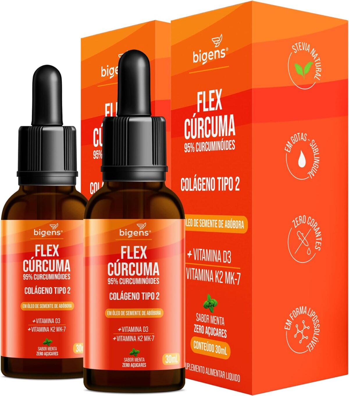 Flex Cúrcuma, Colágeno tipo 2, 95% curcuminóides, Vitamina D3, K2 Mk-7, Sublingual, Sabor Menta, Equipment 2x 30 mL, Biogens