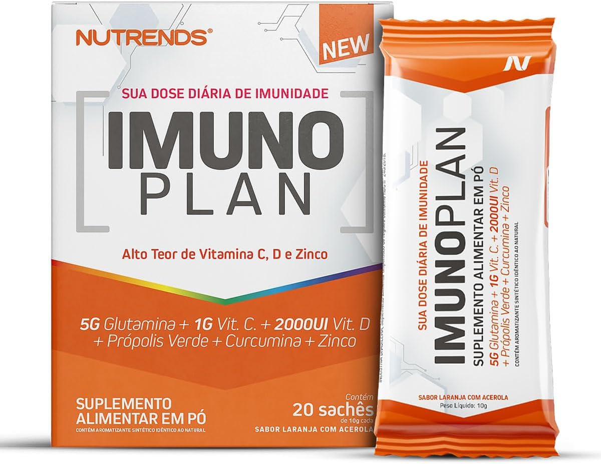 Imunoplan Imunidade com Glutamina, Vitamina C e D, Própolis Verde, Curcumina e Zinco, 20 Sachês, Sabor Laranja com Acerola