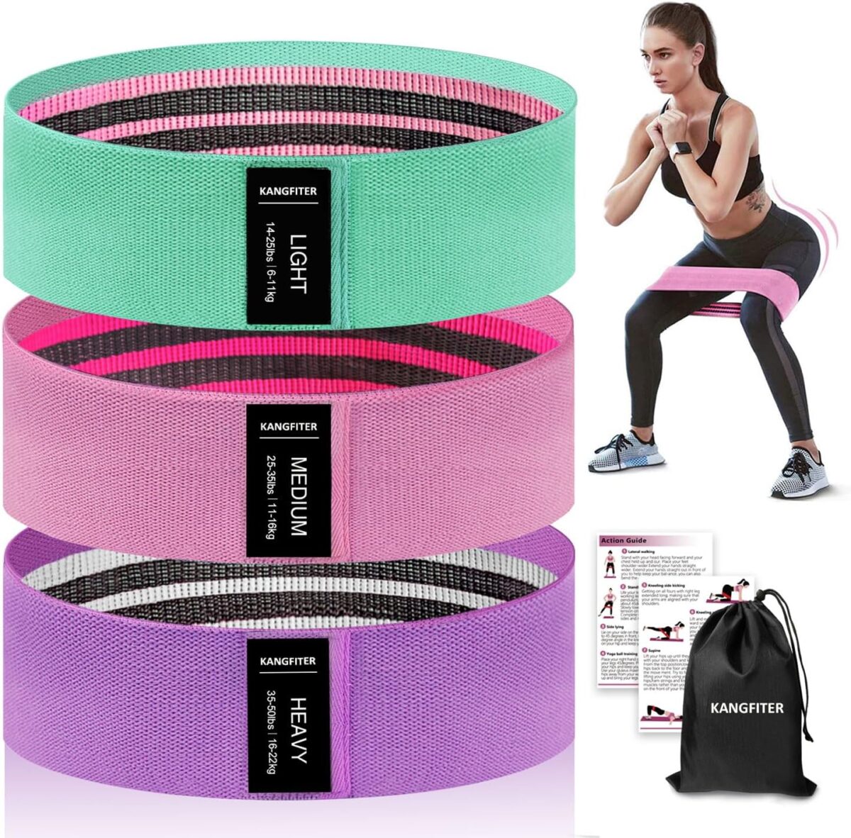 KANGFITER Bandas de resistência de tecido para malhar, faixas antiderrapantes de 3 níveis para mulheres e homens, conjunto de faixas de exercício em loop para pernas e glúteos, faixas elásticas para quadril para casa e academia, ioga, pilates