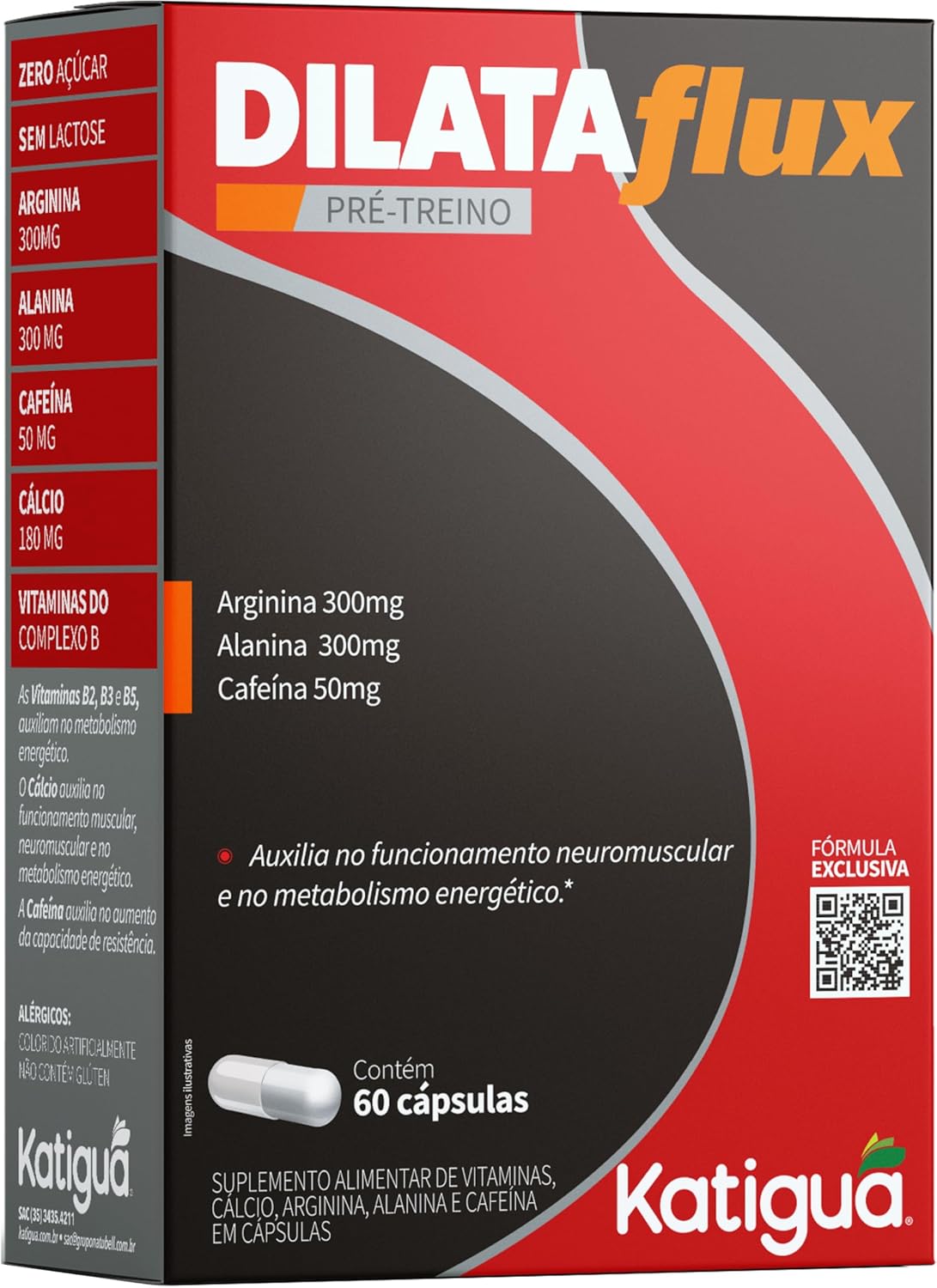Katiguá, DilataFlux, Arginina/Alanina/Cafeína, Sem sabor, 60 Cápsulas rígidas • 30 doses, Preto – FL