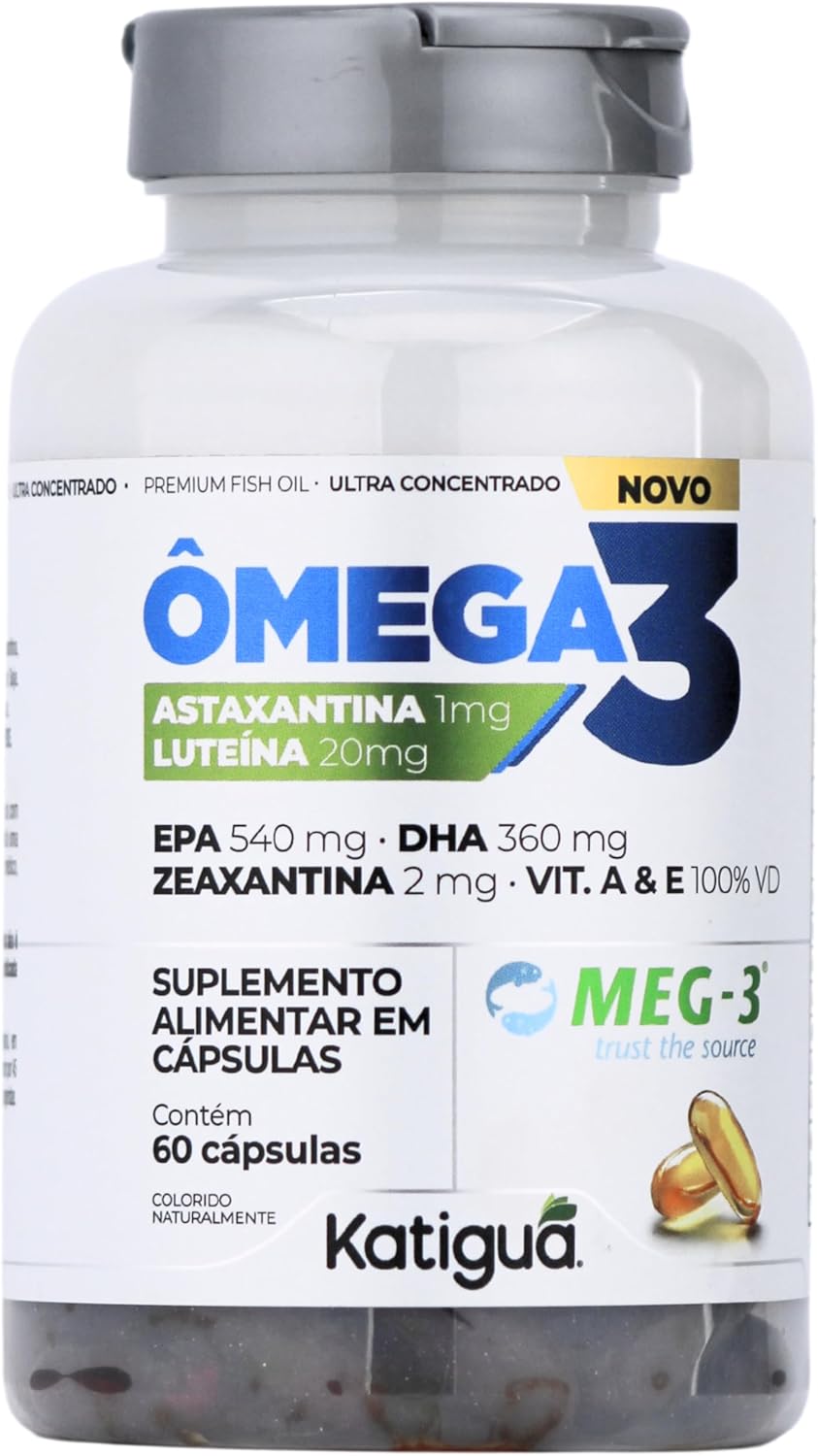 Katiguá, Ômega 3 + Astaxantina e Luteína, MEG-3, EPA + DHA e Vitamina E, Fish Oil, 60 Cápsulas Comfortable Gel • 30 doses, Branco