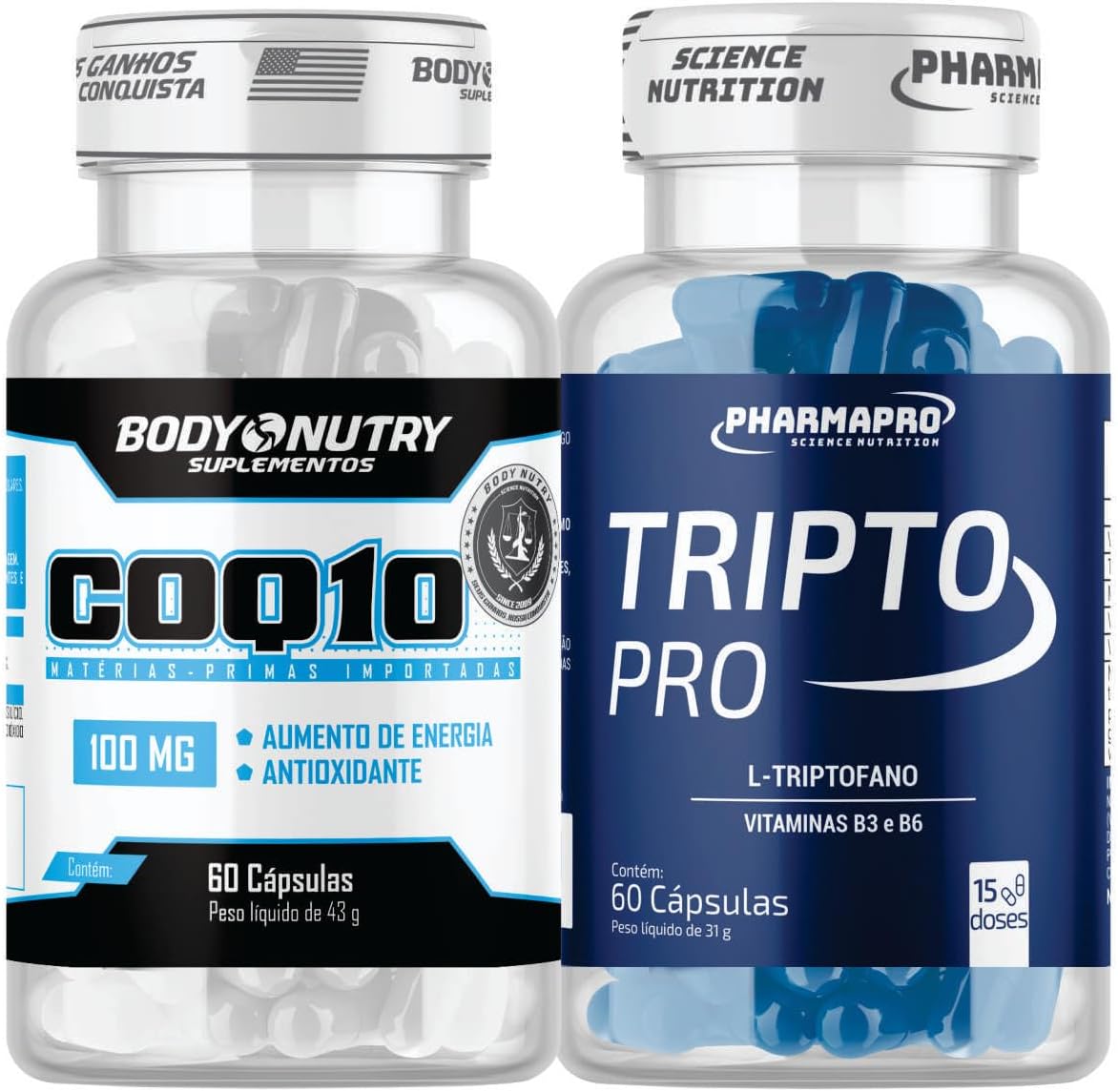 Kit 1x Triptofano 860mg Tripto Pro Pote 60 Capsulas L-Triptofano Vitaminas B3 e B6 Importado Origina + 1x Body Nutry - Coenzima Q10 100mg Pura - 60 Cápsulas