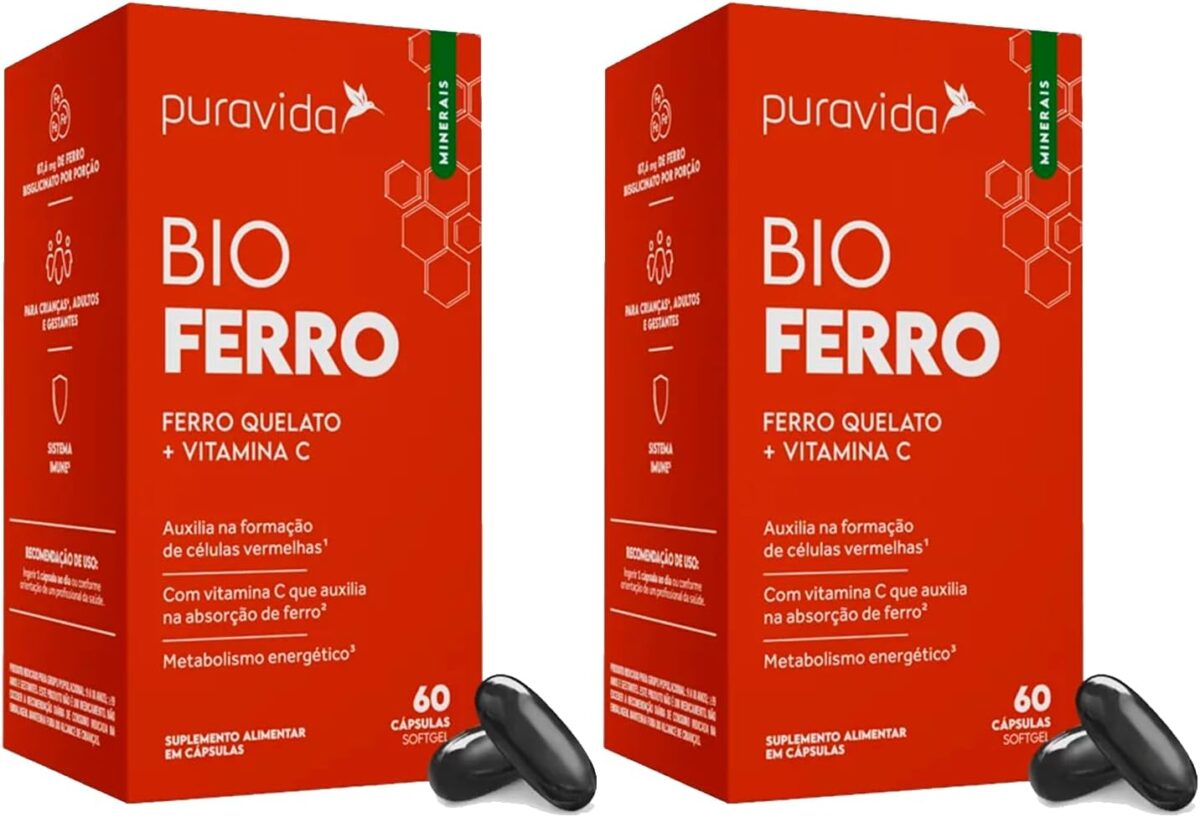 Kit 2x Bio Ferro - Ferro Quelato + Vitamina C - 60 Cápsulas - Puravida