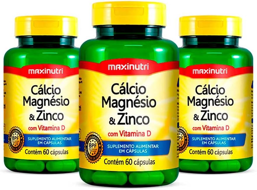 Package 3 Cálcio Magnésio Zinco Vitamina D Reposição e fixação de Cálcio no Organismo 60 Cápsulas
