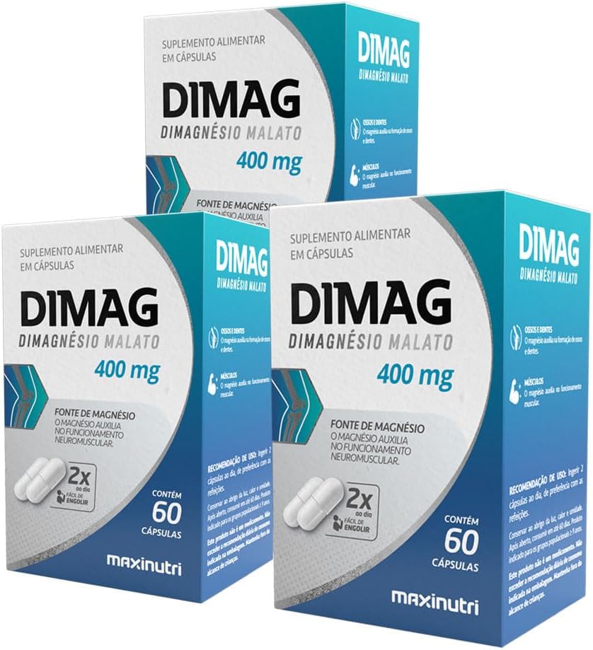 Package 3 Dimag Dimalato de Magnésio 400mg 60 Cápsulas Maxinutri Maxigold