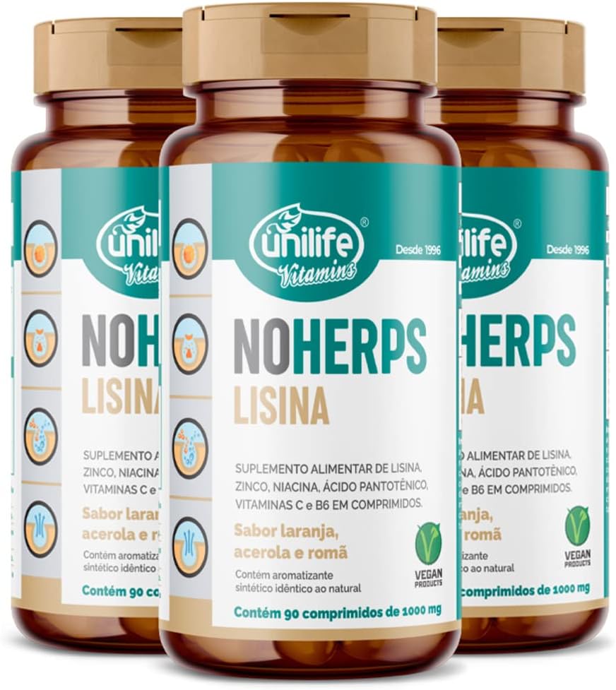 Equipment 3 NoHerps Lisina 1000mg Unilife 90 comprimidos Laranja e Acerola