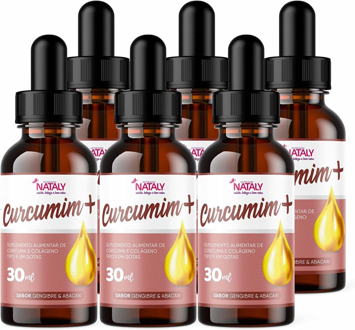 Kit Com 6- Curcumina em Gotas Curcumim+ I Cúrcuma e Colágeno Tipo II 30ml Nataly