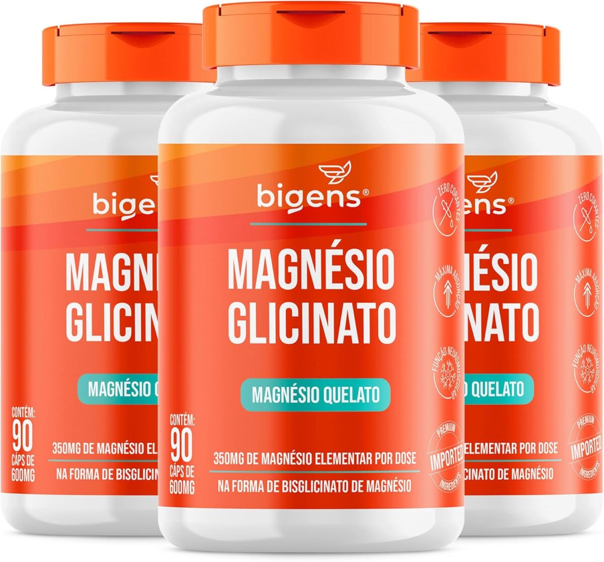 Magnésio Glicinato, Quelato, 350mg de magnésio elementar, 90 Cápsulas, Bigens (Package 3)