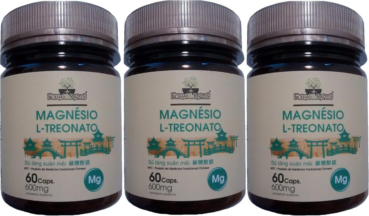 Magnésio L-Treonato 600 mg Folhas & Raízes 60 Cápsulas Kit 3 Unidades