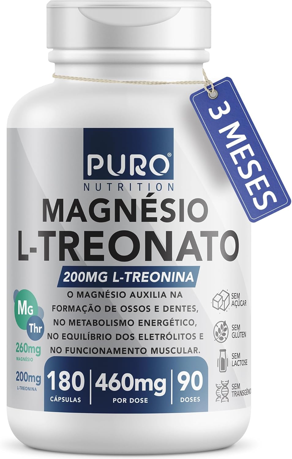 Magnésio L-Treonato Puro Diet + Quelato, Alto Teor de Magnésio por Porção, 180 Cápsulas
