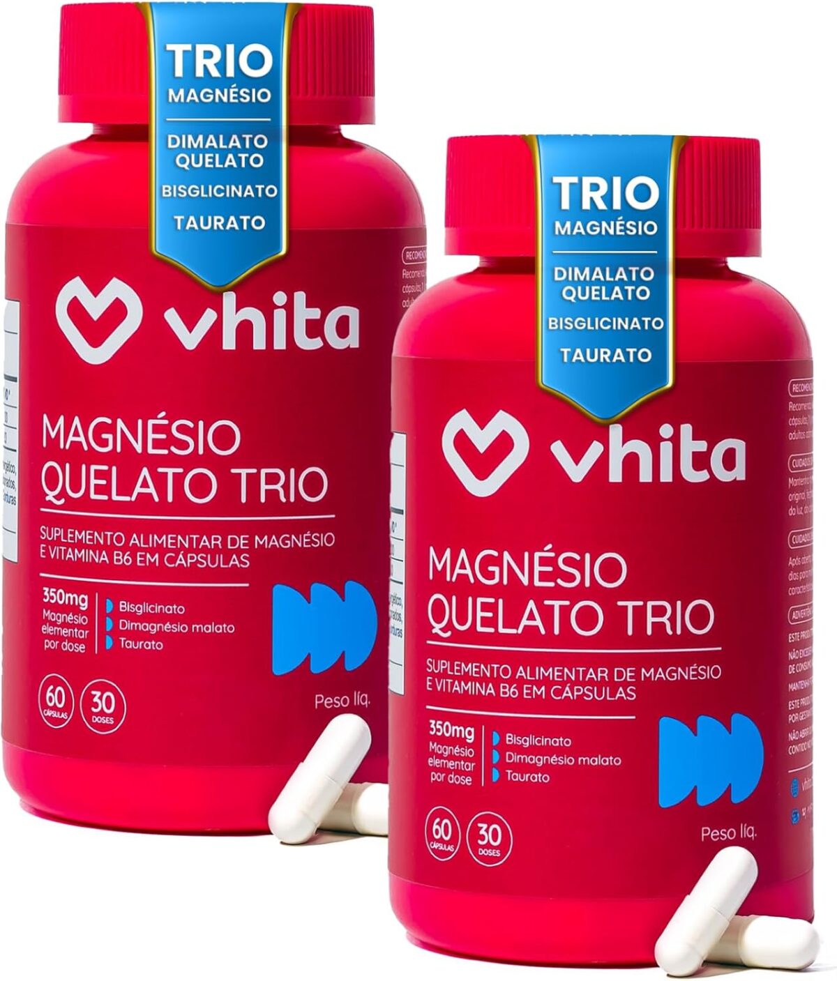 Magnésio Quelato Trio, Dimalato, Bisglicinato e Taurato com Vitamina B6 350mg Vhita 60 Cápsulas (2 unidades)