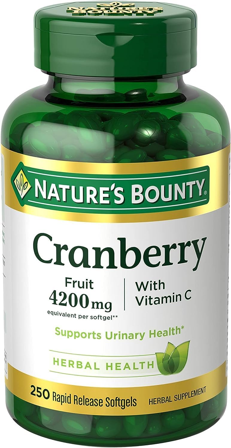Nature’s Bounty Cranberry 4200mg Com Vitamina C, Saúde Urinária E Suporte Imunológico, Cranberry Concentrado, 250 Softgels de Rápida Absorção