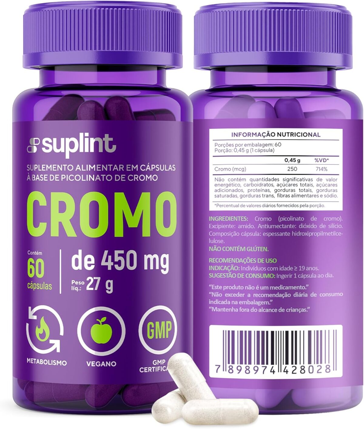 Picolinato de Cromo 450 MG para Gerenciamento de Peso | Suporte ao Metabolismo de Açúcar no Sangue | Suplemento Mineral Vegano, Não OGM | 60 Cápsulas