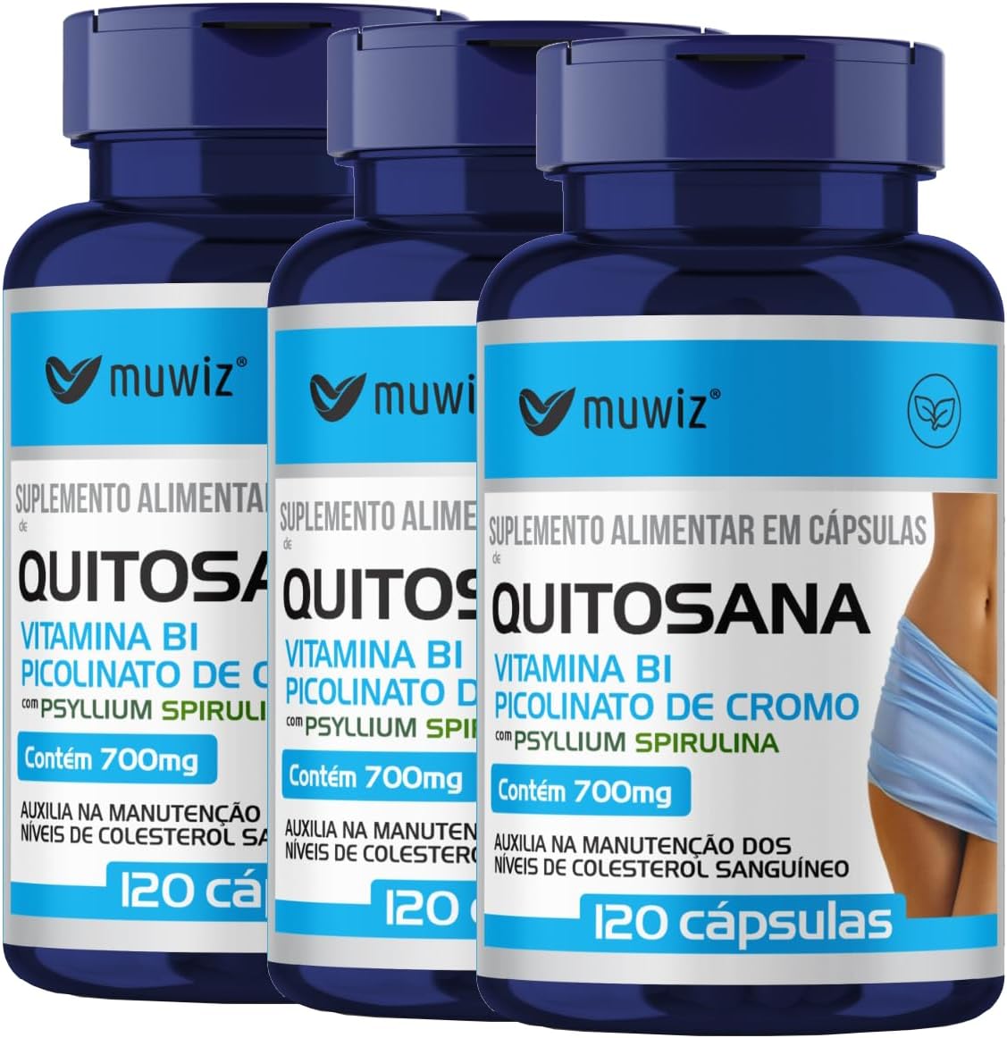 Quitosana Spirulina Psyllium e Picolinato de Cromo 120 Cápsulas – 3 Frascos
