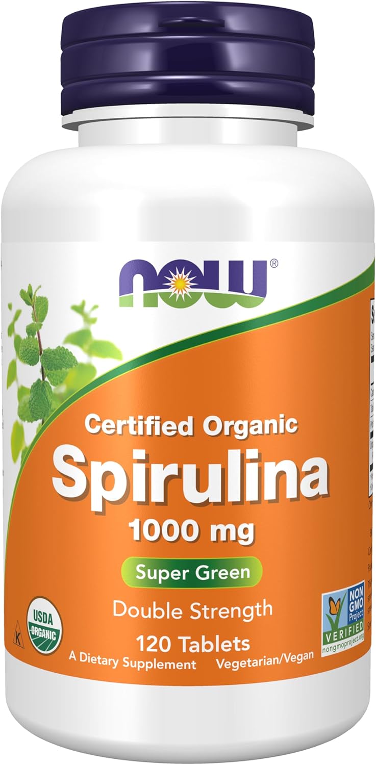 Suplementos NOW, orgânico certificado, espirulina 1000 mg (dupla potência), rico em betacaroteno (vitamina A) e B-12 com GLA de origem pure, 120 comprimidos