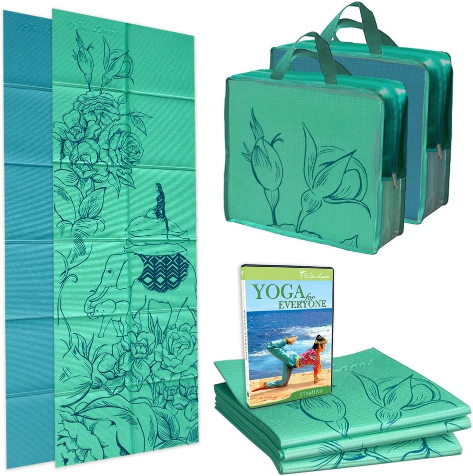 Tapete de ioga dobrável e bolsa com DVD de ioga – (espessura do tapete de ioga: 4 mm; tamanho dobrado: 29 cm x 12 pol. x 5 cm) – Wai Lana